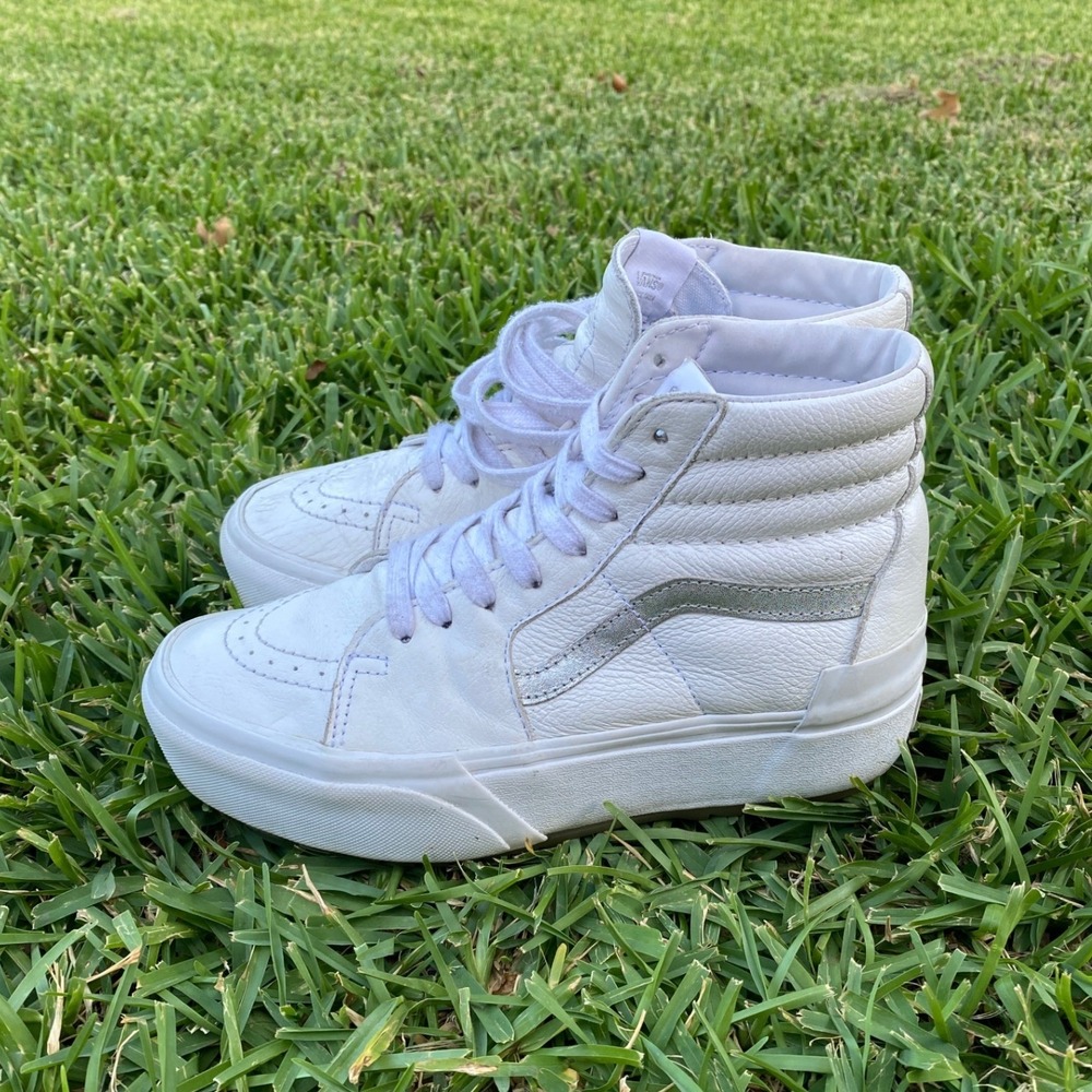 Vans Sk8-Hi Stacked White Leather Iridescent Platform Sneakers Womens 7.5